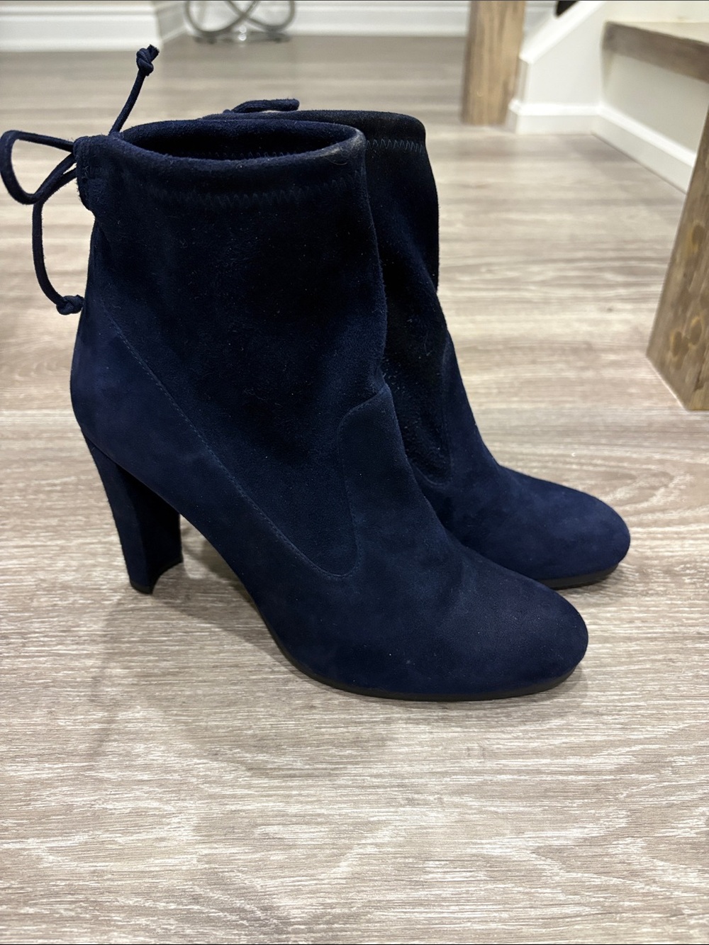 Stuart Weitzman Navy Suede Tie-Back Ankle Boots